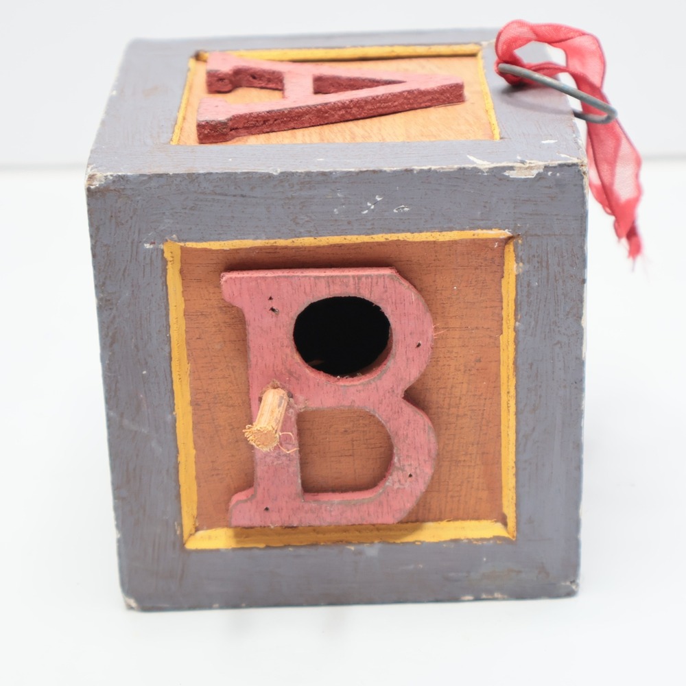 Vintage Rustic Wooden ABC Alphabet Block Birdhouse Decorative Nursery Decor 4in